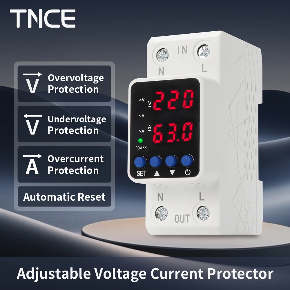 TNCE Adjustable Protective Device Relay DIN Rail, 40A 63A over voltage under voltage over current protection protector