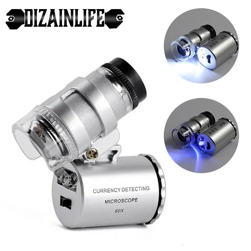 Magnifying Glass Mini 60X Microscope LED Light Handheld High Definition Pocket Jewelry Loupe Portable Currency Detecting