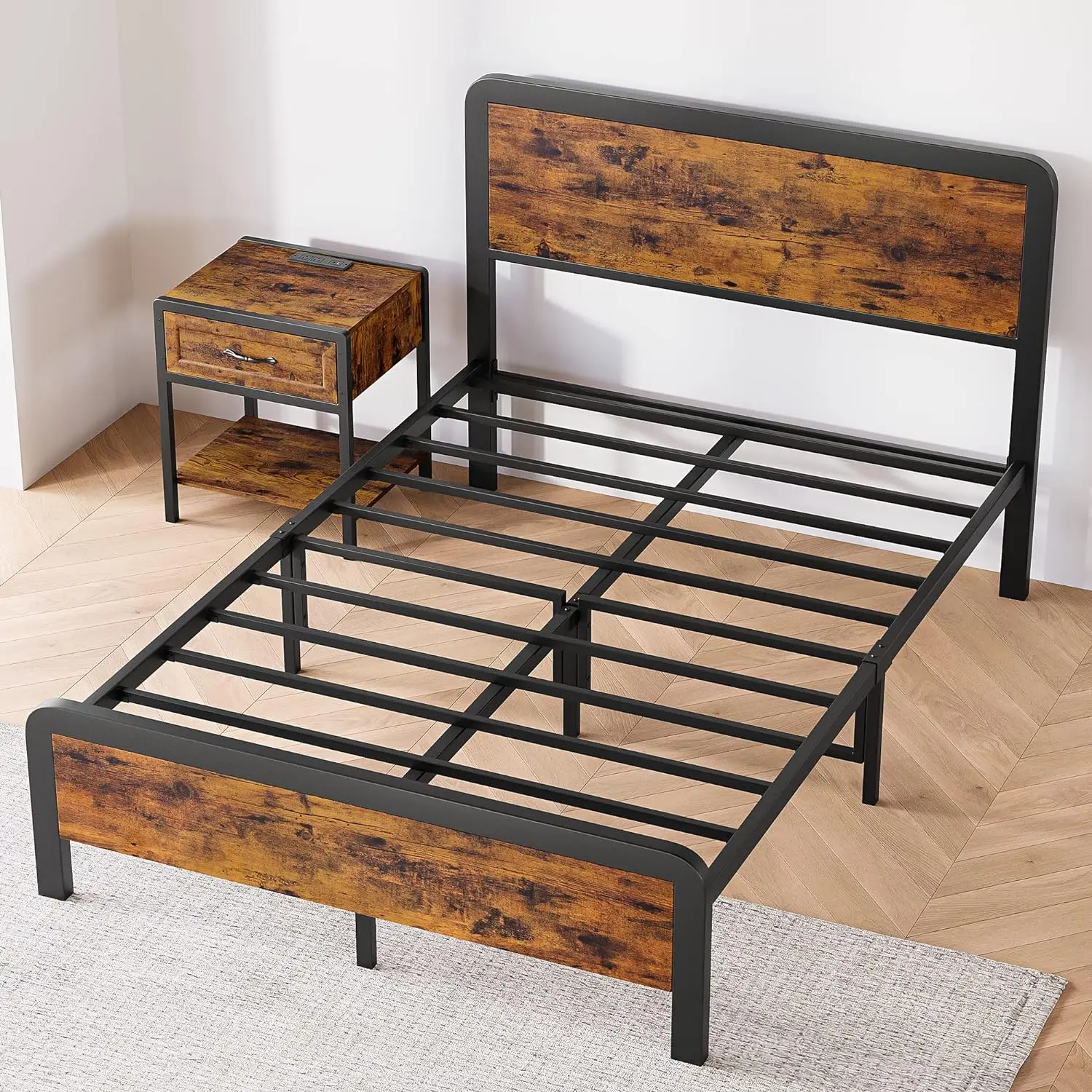 Full Bedroom 3-Pieces Bedroom Sets Full Size Bed Frame with 2 Nightstand Nightstands with Charging Station Drawer Open Storage