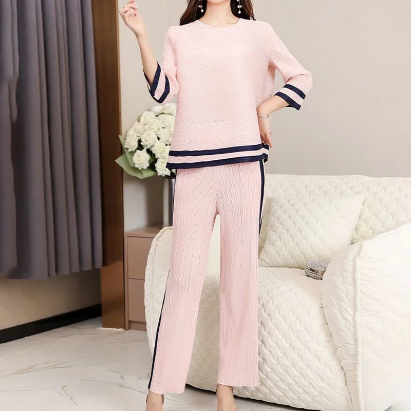 Pleated Spring and Autumn Women's Round Neck Sweet Goddess Wide Leg Pants Two Piece Fashion Set