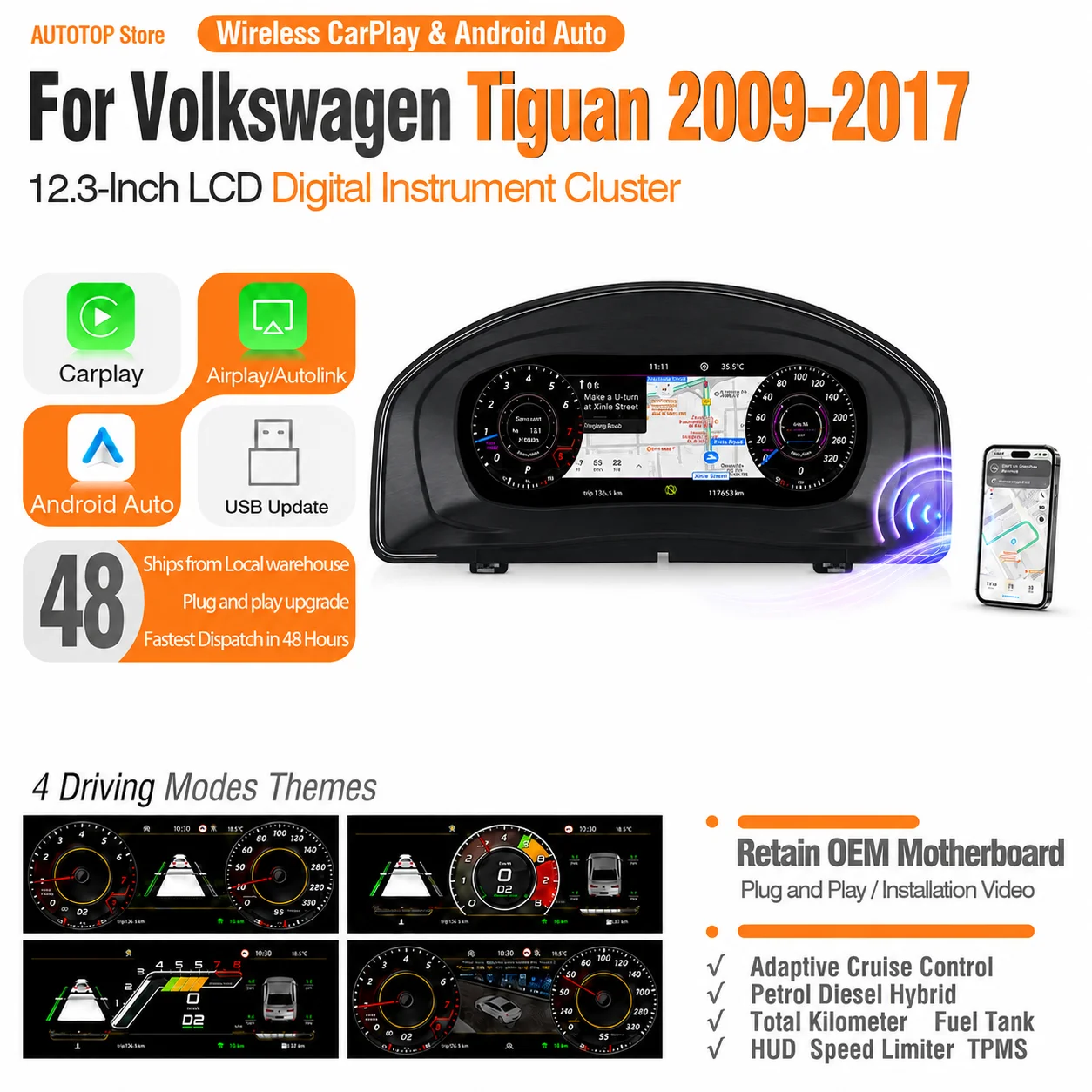 AUTOTOP Tablero de Instrumentos Digital de 12.3" para Volkswagen VW Tiguan 5N 2009-2017, Panel de Instrumentos LCD Completo con Pantalla Virtual, Velocímetro, Tacómetro, Reemplazo Inteligente para Tablero de Instrumentos, Compatible con CarPlay, Android Auto, AirPlay, AutoLink, Visualización de Datos del Vehículo. 1