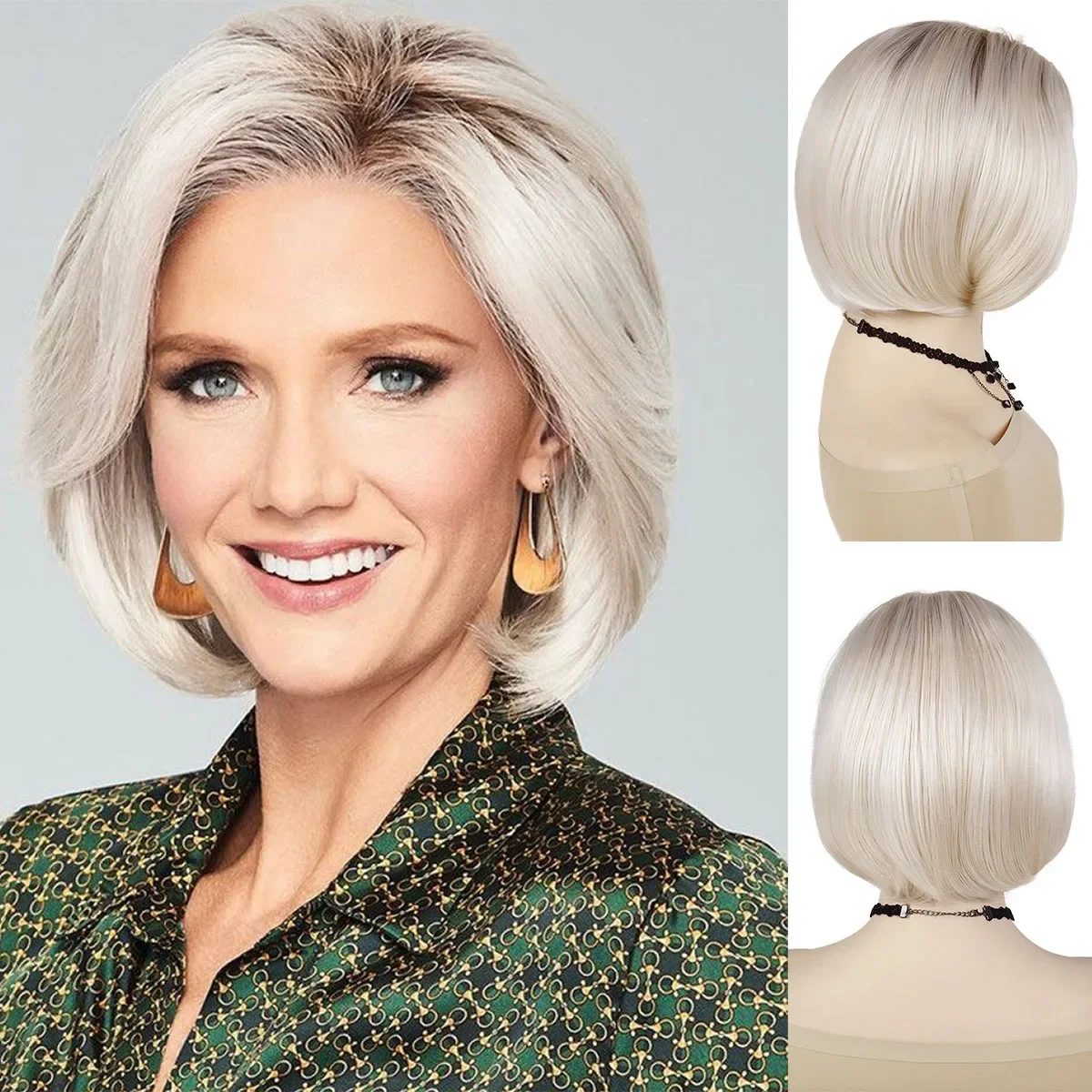 

GNIMEGIL Synthetic Grandmother Wig Short Wig for Women Brown Hair Root Ombre White Old Wig Natural Soft Daily Cosplay Halloween