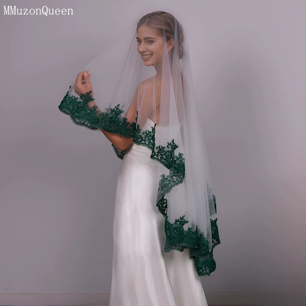 MMQ M112 Bridal Veil Green Lace Edge Veil 1 Tier Solf Tulle Wedding Without Comb Bride Wedding Stuff
