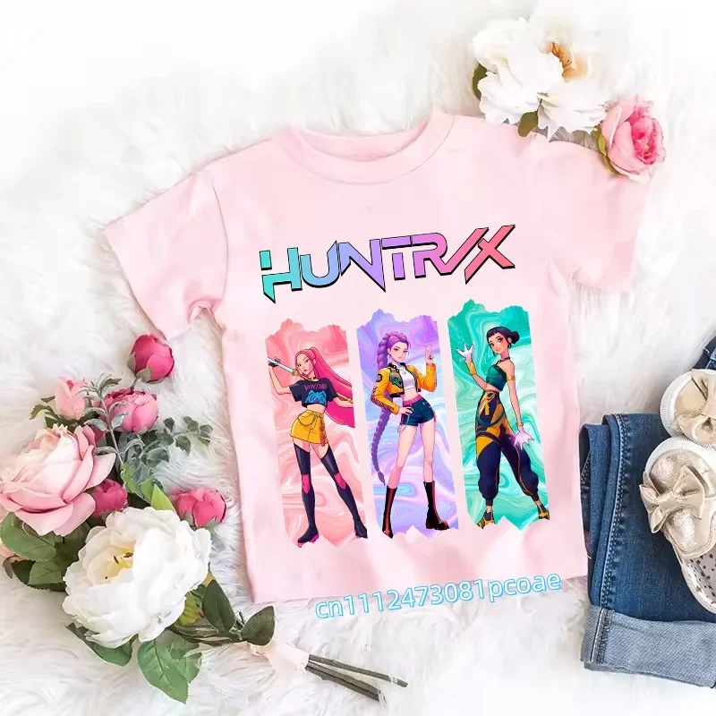 Children's Anime-Inspired Demon Hunters T-Shirt - K-pop Cartoon Pattern, Casual Girls' Top, Gift Option