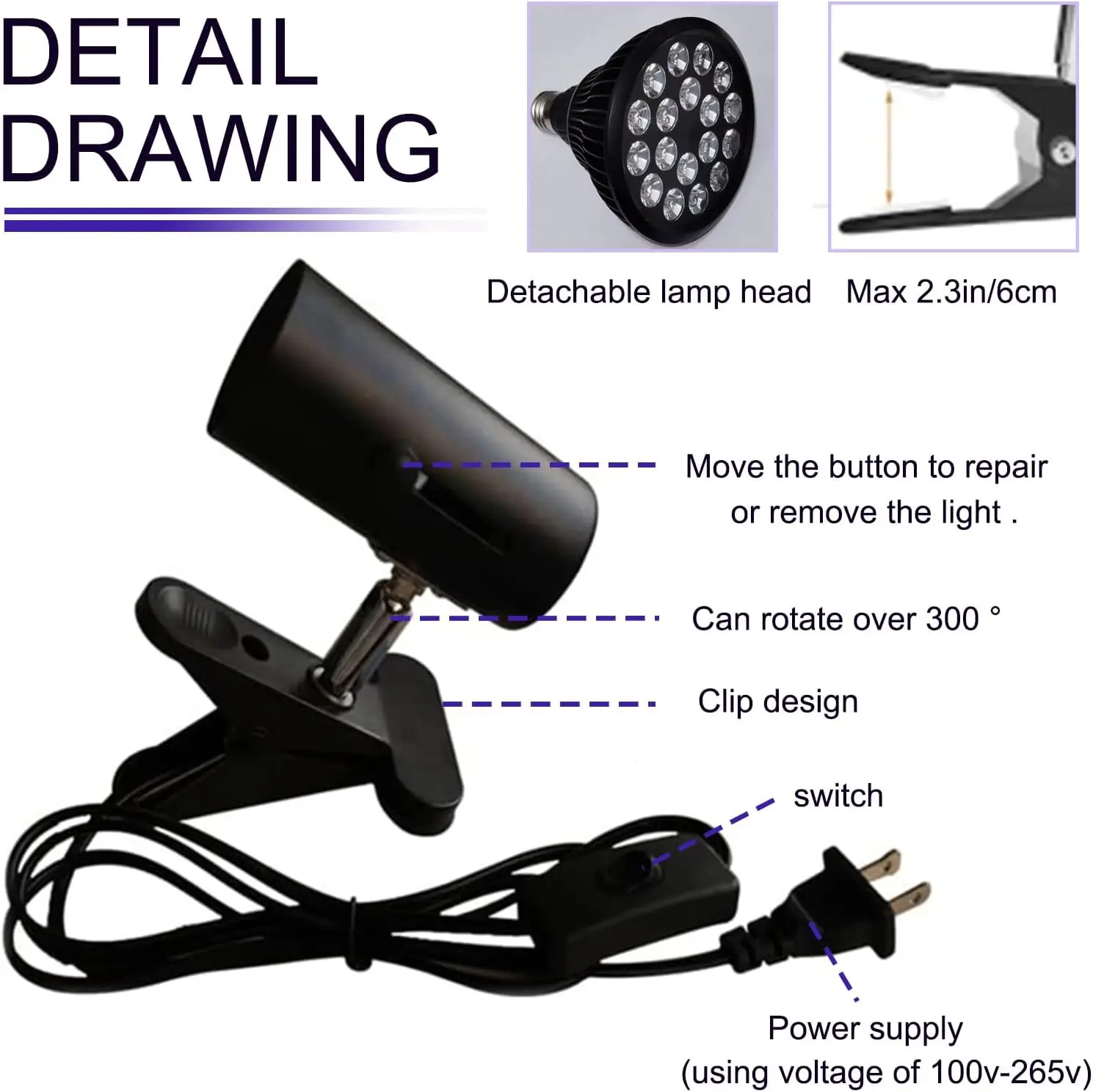 54W Ultraviolet Tanning Lamp 395nm 18PCS LEDS 300&deg; Rotating Adjustable Clip Type