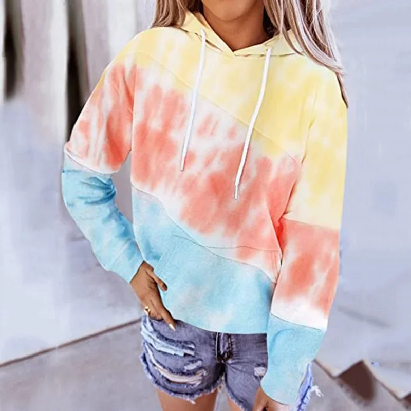 Women Tie Dye Print Pullover Drawstring Long Sleeve Tracksuit Tops Hoodies Casual Loose Sweatshirt Spring Fall Hooded Jumper New