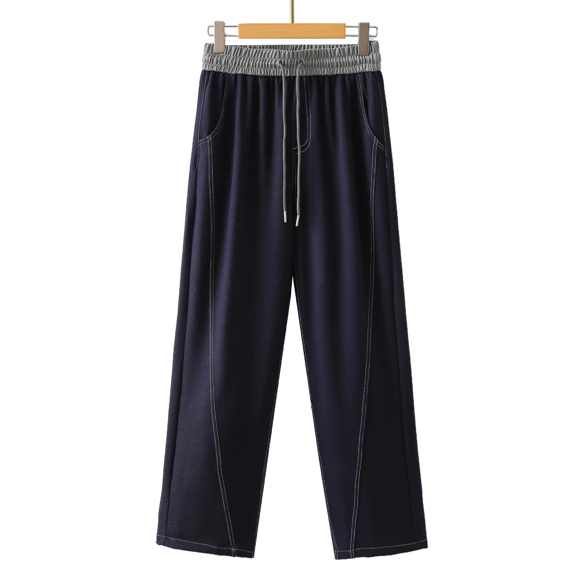 Fashion Plus Size Women's Jeans Autumn New Style Casual Drawstring Waist Color Blocking Curved Knife Straight Leg Pants 26001