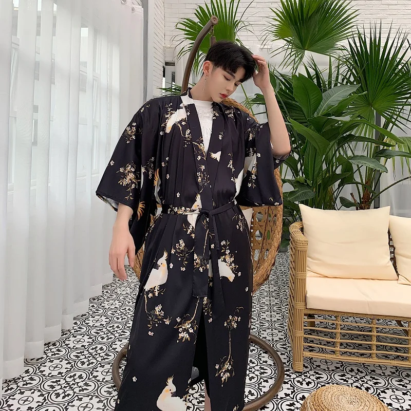 Men Print Japan Fashion Loose Casual Vintage Long Kimono Cardigan Shirt Night-robe Trench Coat Sunscreen Beach Jacket Robe trench coat casual men jacket