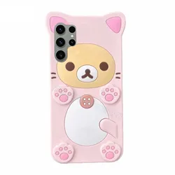 3D Cute Cartoon Pink Bear Kawaii Soft Silicone Phone Case - Funny Cover - Galaxy S22 (1)