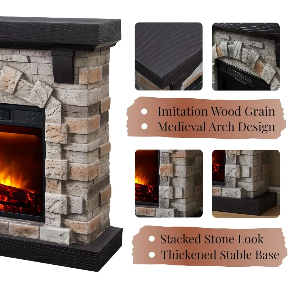 Electric Fireplace with Mantel, 40”W Faux-Stone Fireplace Mantel, Tall Fire Place Freestanding,40”Wx12”Dx35”H 3