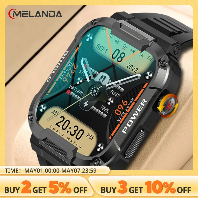 MELANDA 1.85 남성용 야외 군사 스마트 워치, 블루투스 통화 스마트워치,