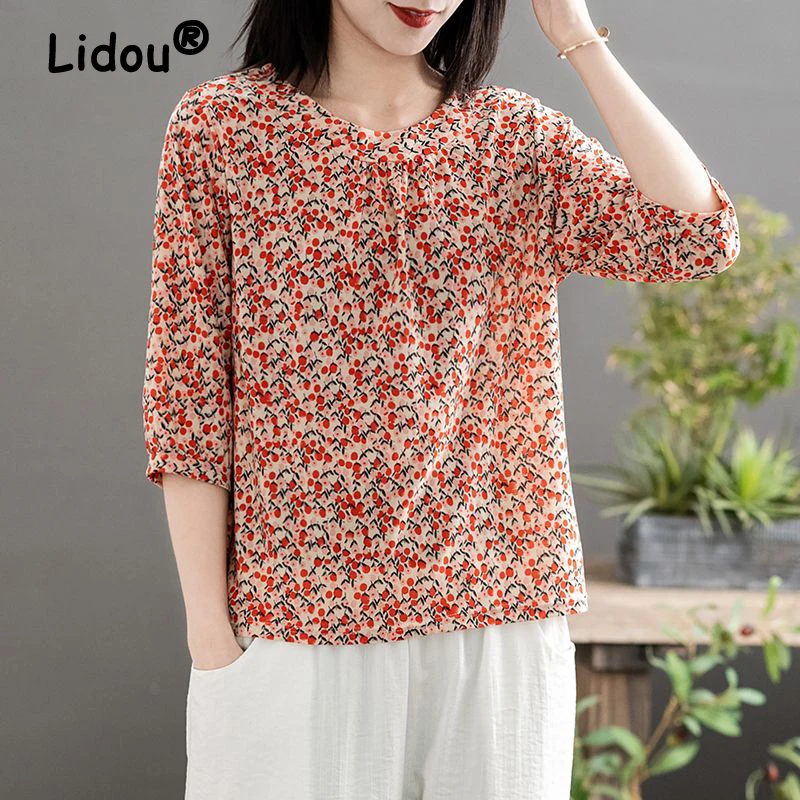 New Women Summer Simple Casual 3/4 Sleeve Blouses Trendy Round Neck Print Shirts Ladies Loose Chiffon Tops Blusa Mujer Moda 2023