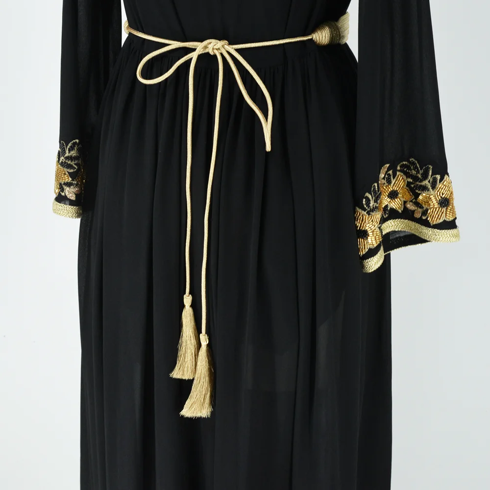 Dubai Dress Abaya For Women Flower Pattern Beaded O-neck Turkey Kaftan Caftan For Wedding Muslim Abaya With Belt Women Clothing