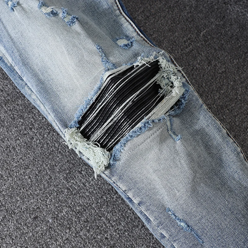 High Street Trend Fashion Elastic Slim Fit New Light Blue Men's Jeans Water Washed Nostalgic Hole Black Patch Hip Hop Brand Pant