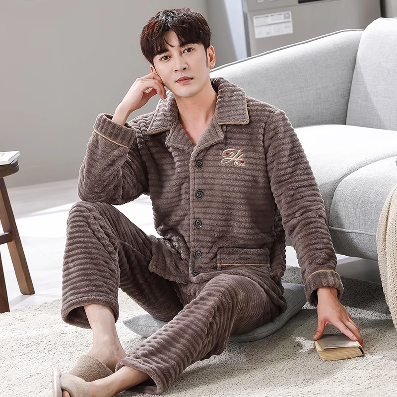 겨울 잠옷 남성용 두꺼운 산호 양털 잠옷 세트 따뜻한 잠옷 플란넬 남성용 잠옷..