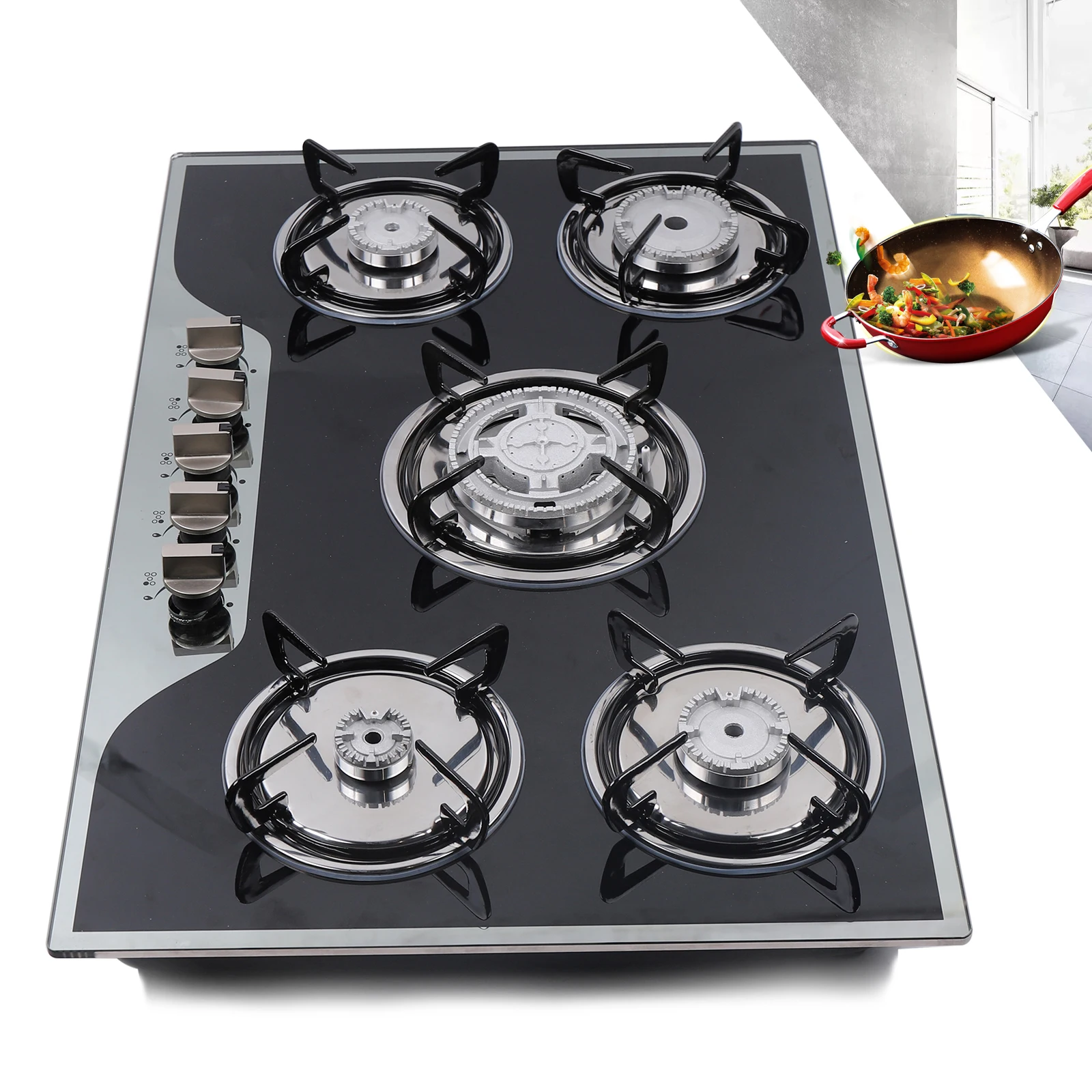 LPG/NG Gas COOKTOP with Built-in 5Burner, Stove Hob Cooktop, Tempered Glass