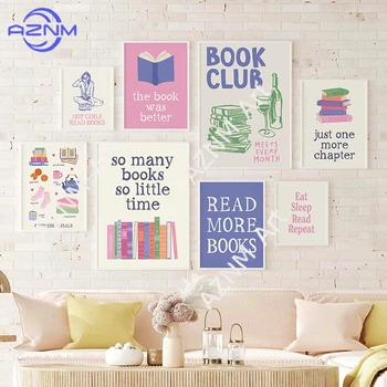 Poster per Amanti dei Libri, Decorazione per Club del Lettura, Stampa su Tela 'Eat Sleep Read Repeat', Quadro da Parete per Decorazione Casa