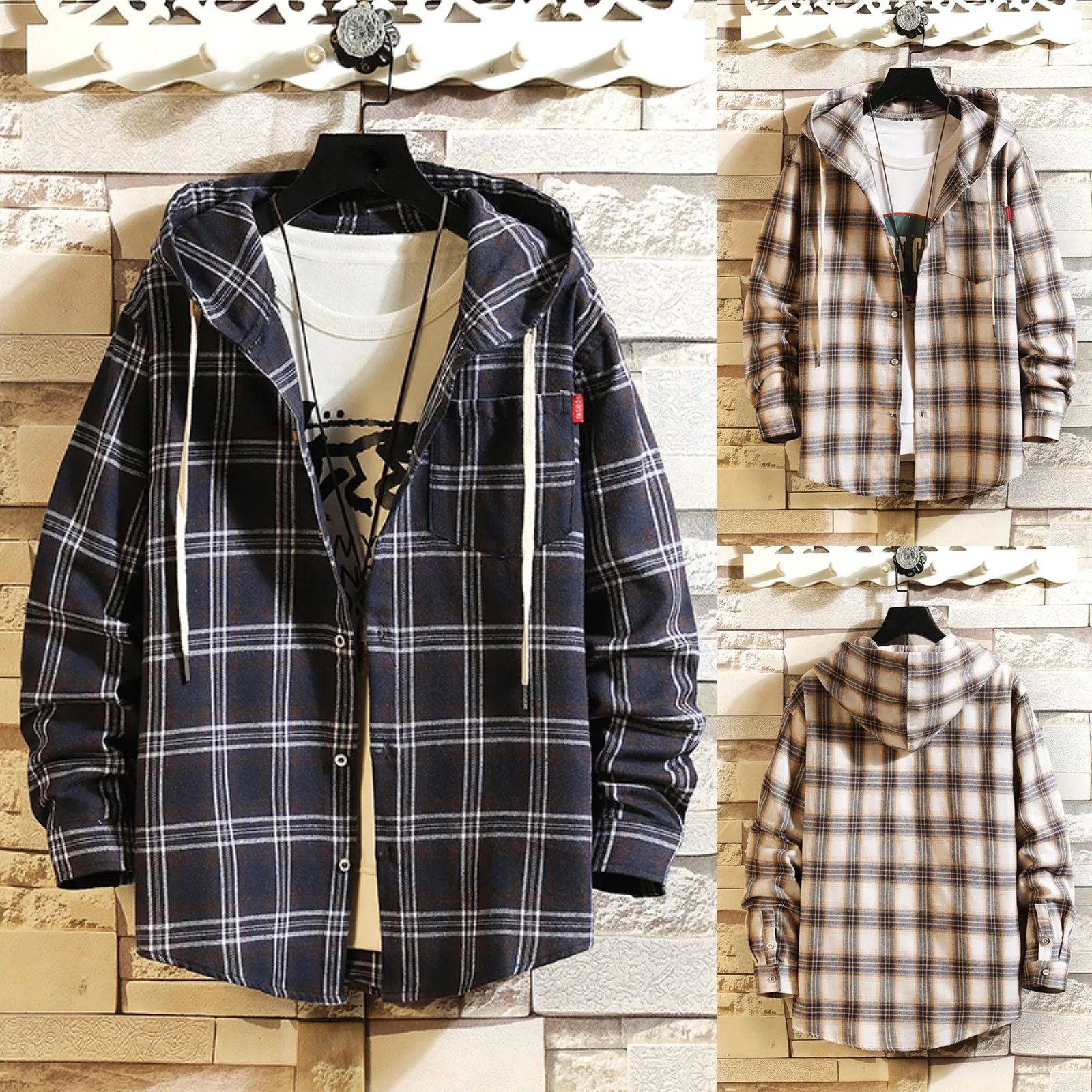 

Casual Plaid Print Shirt Hooded Shirts Oversized Blouse Button Button Shirts For Men Harajuku Streetwear Camisas Blusas Tops