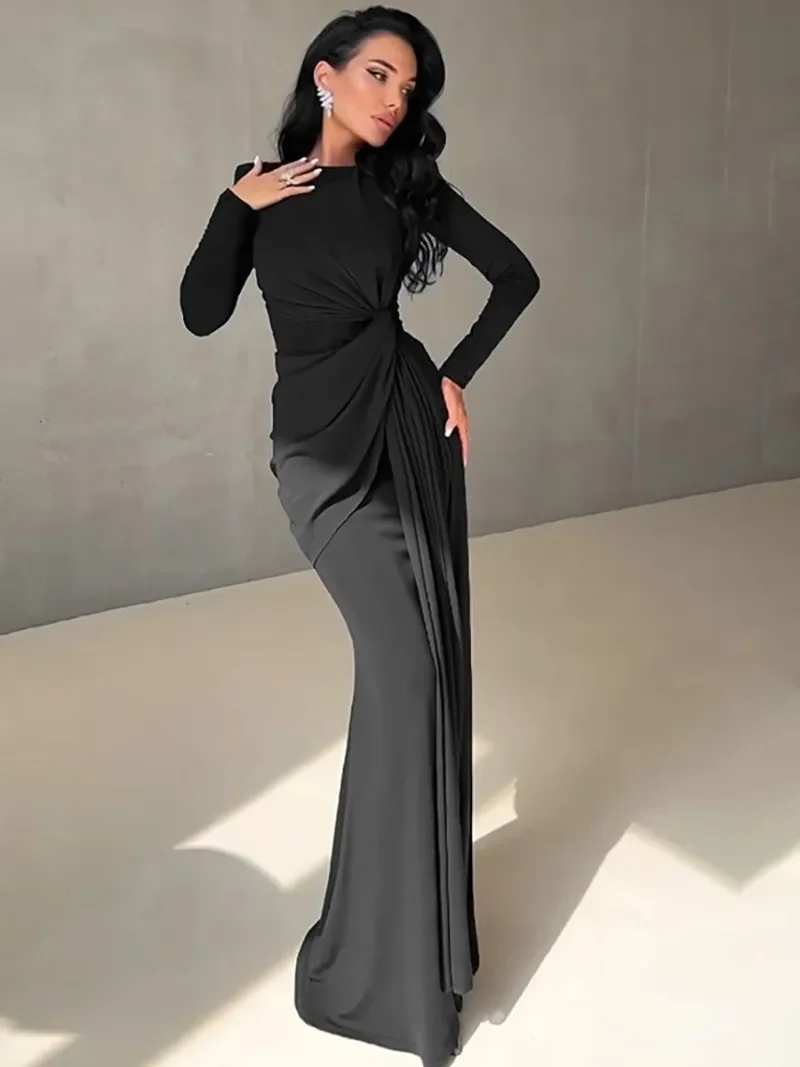 Elegant High Waist Folds Long Maxi Pink Dresses for Women 2026 Chic O-neck  Long Sleeve Tunics Slim Solid Party Evening Dress - AliExpress 200000345