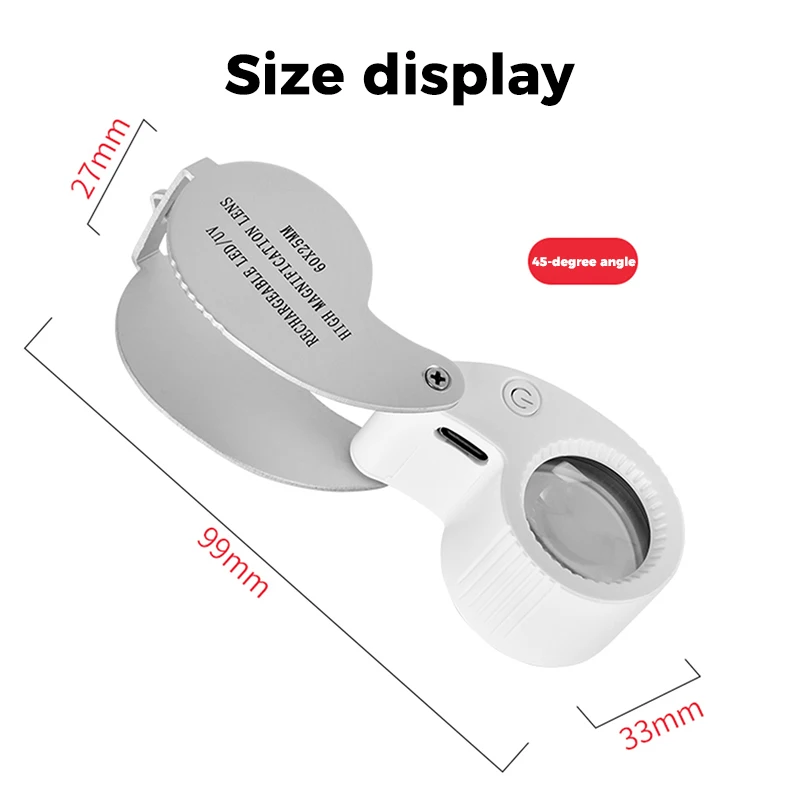 Jewelry Magnifier Rechargeable Jewelry Magnifier 40X 60X Foldable Magnifying Glass With UV LED Lights Illuminated Magnifier For Jewelers Gems Coin