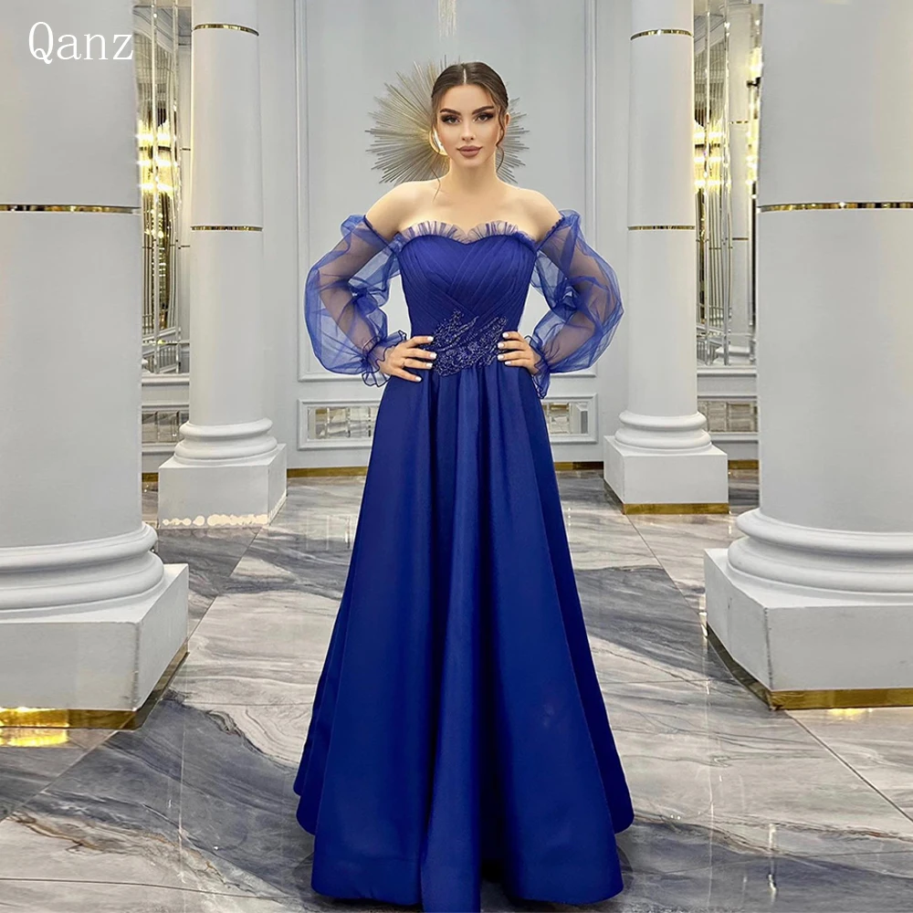 

Qanz Royal Blue Elegant Evening Dresses Strapless Satin Puff Sleeves Long A Line Vestido De Noche Dresses For Women 2023 New