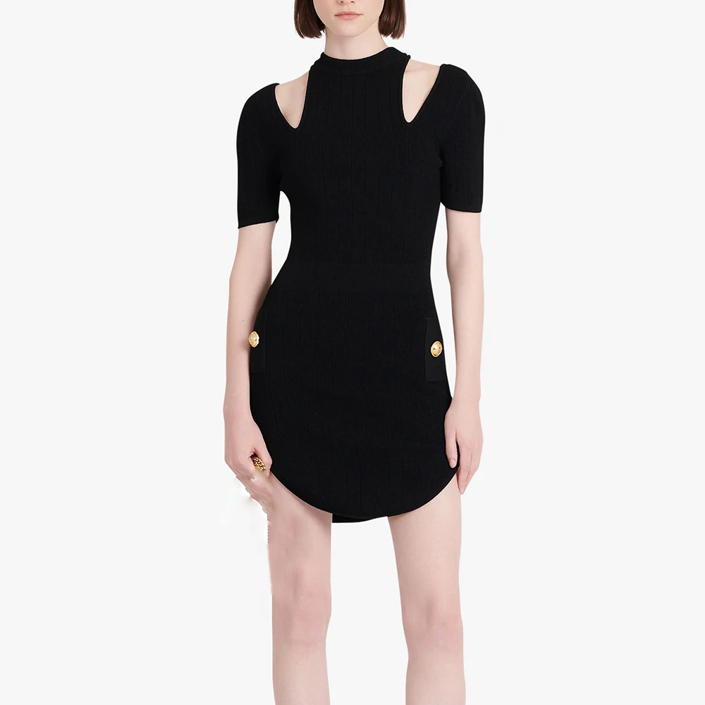 

Women Black White Button O Neck Short Sleeve Sexy 2023 Bandage Dress Summer Hollow Out Bodycon Clothes Club Party Mini Dresses