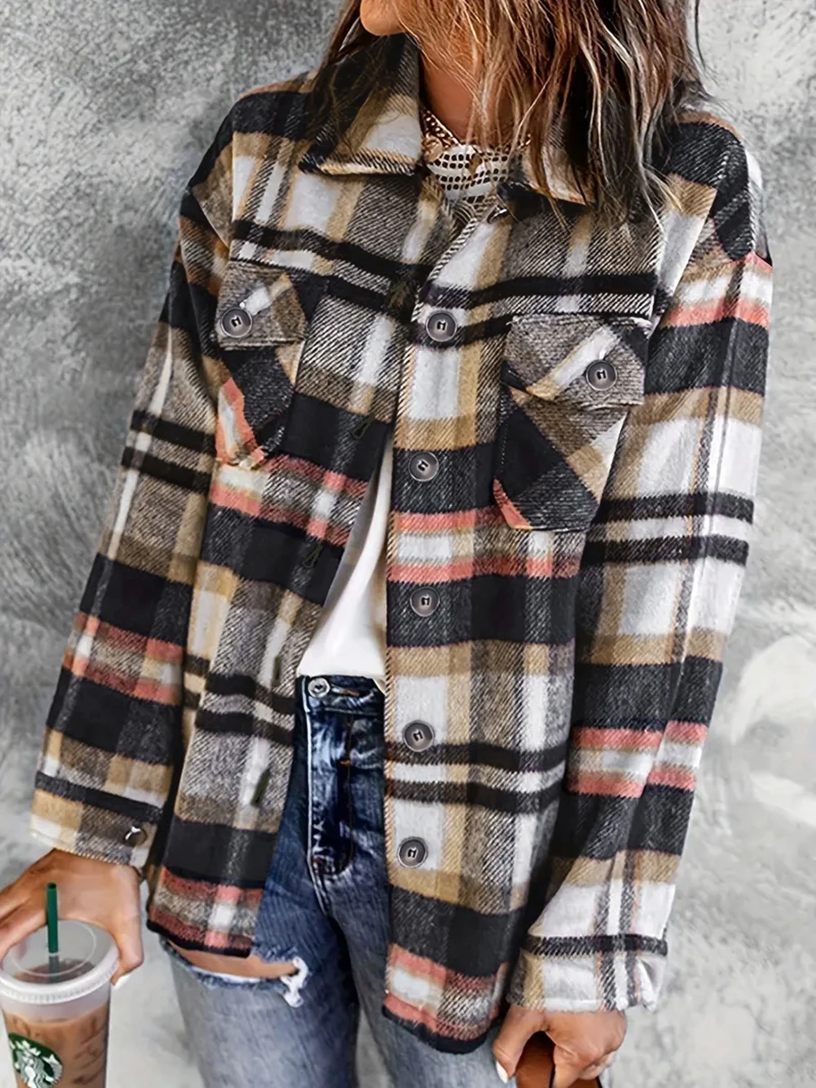 Chemisier-veste vintage à carreaux pour femme, à manches longues, boutonné, décontracté, pour l'automne et l'hiver, coupe oversize