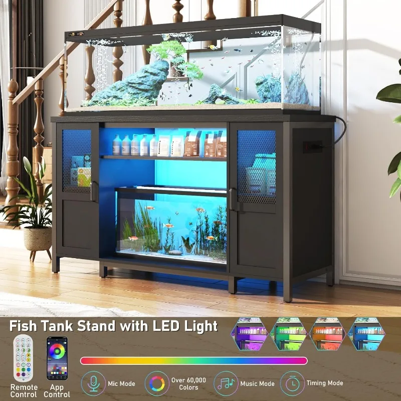 55-75 Gallon Fish Tank Stand with Power Outlet&LED Light, Heavy Duty Metal Aquarium Stand