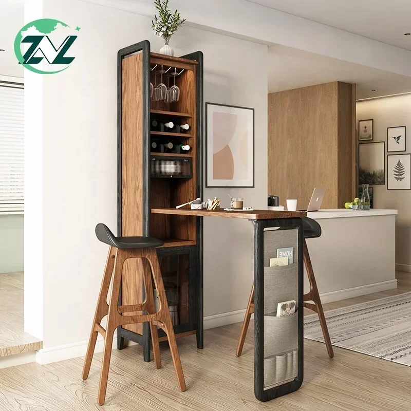 Pub Style Table Wine Storage Wooden Bar Counter Foldable Bar Table Cabinet