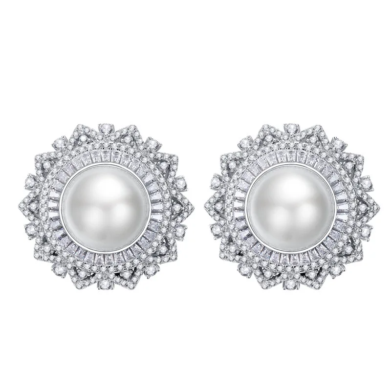

S925 Silver Ear Stud Flower shaped Pearl Ear Stud Set with 12mm Shell Pearl European and American Female Earrings Ear Clip