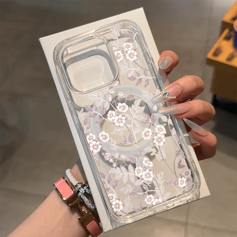 Elegant Purple White Floral Magnetic Clear Phone Case - Shockproof Hard Cover