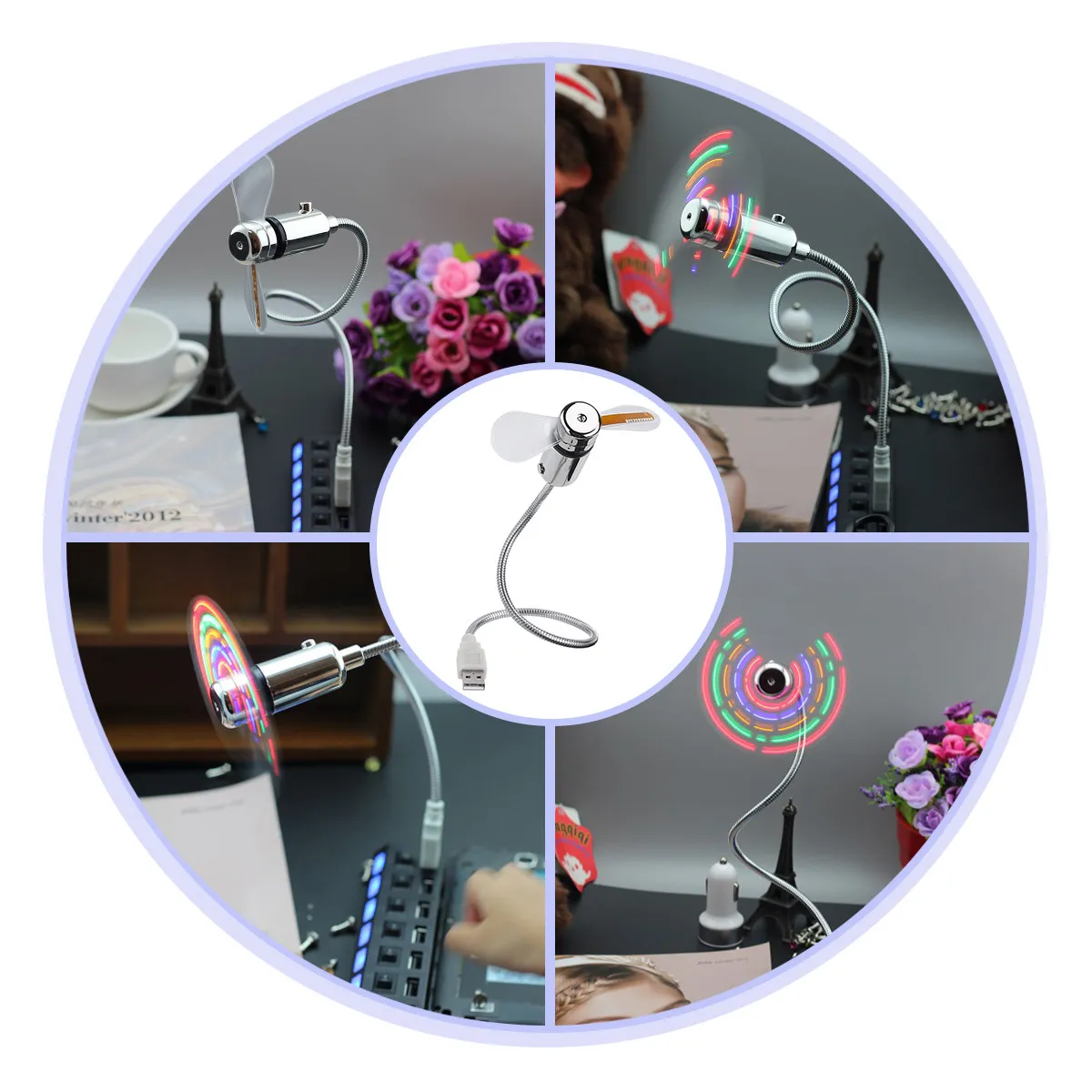 USB 팬 실버 41cm 미니 LED 팬, 64가지 다채로운 패턴 원형 디스플레이, 데스크탑/노트북 쿨링 기기, 남성용 선물, 설치 불필요