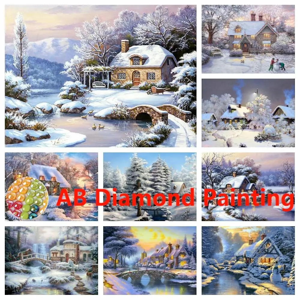 AB DIY diamond embroidery winter full square diamond painting landscape rhinestones mosaic cross stitch house wall decor