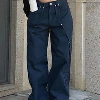 Jeans for Woman Y2k Clothes Relaxed Loose Fit Wide Leg Trousers Vintage American Retro Style with Rivet Patchwork Split Design - Image 5