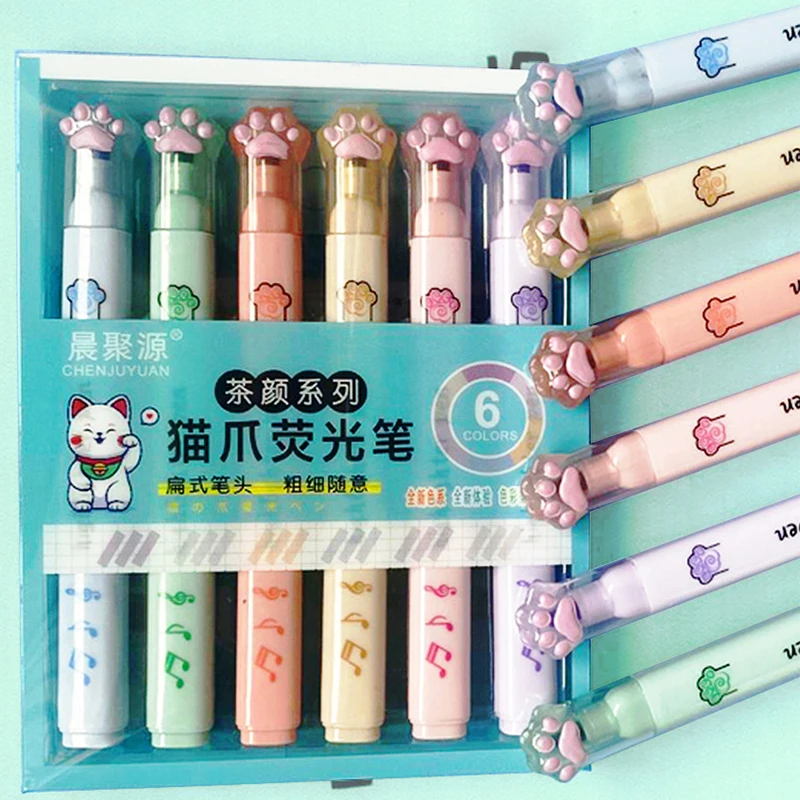 6Pcs/Set Cat paw shape Fluorescent Highlighter Pen Markers Pastel Drawing Pen for Student School Office Supplies Cute Stationery