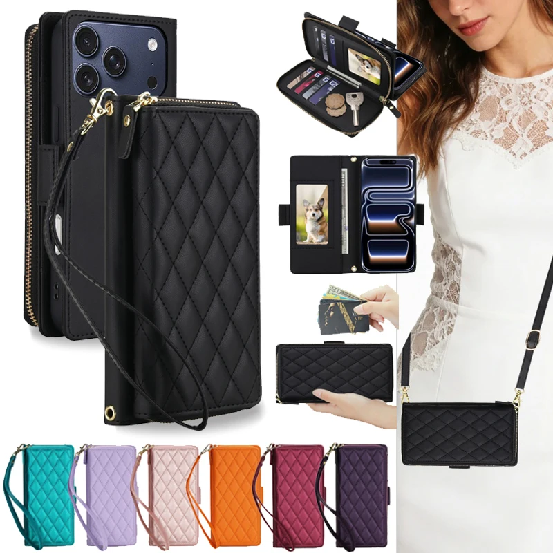 Crossbody Leather Zipper Wallet Phone Case For iPhone Air 17 Pro Max 16 Plus 17e 16E 15 14 13 12 11 Cards Holder Funda Cover Bag 1