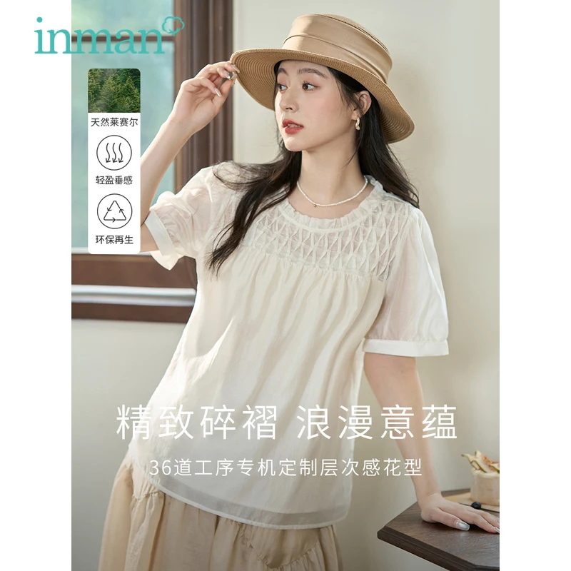 INMAN Women Blouse 2023 Summer Short Sleeves Round Neck Loose Shirts Design Pleated Design Breathable Casual White Green Tops