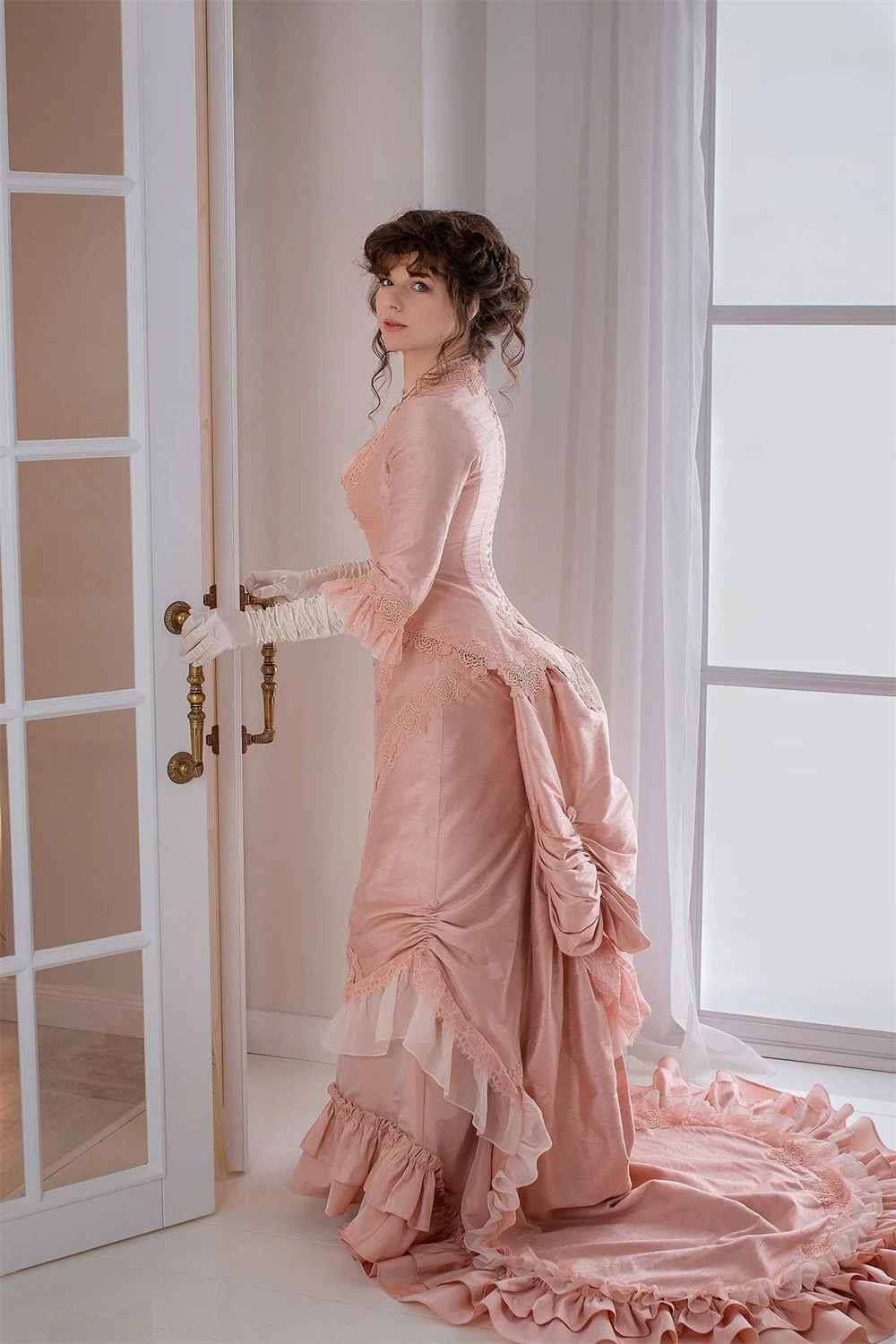 Pink Victorian Bustle Gown Duchess Ruffle Wedding Dress Vintage Ball Gown | eBay Pink Victorian Bustle Gown Duchess Ruffle Wedding Dress Vintage Ball Gown | eBay