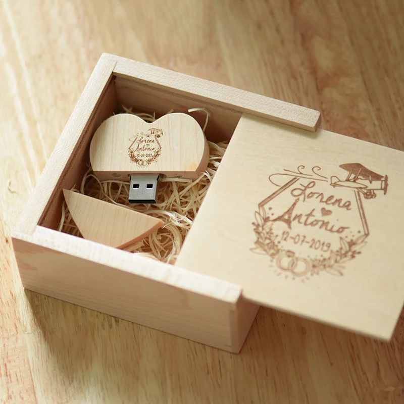 JASTER-무료 맞춤 로고 나무 심장 USB + 상자 플래시 드라이브 1 개, 32GB 16GB 8GB 4GB 메모리 스틱 사진 결혼 선물