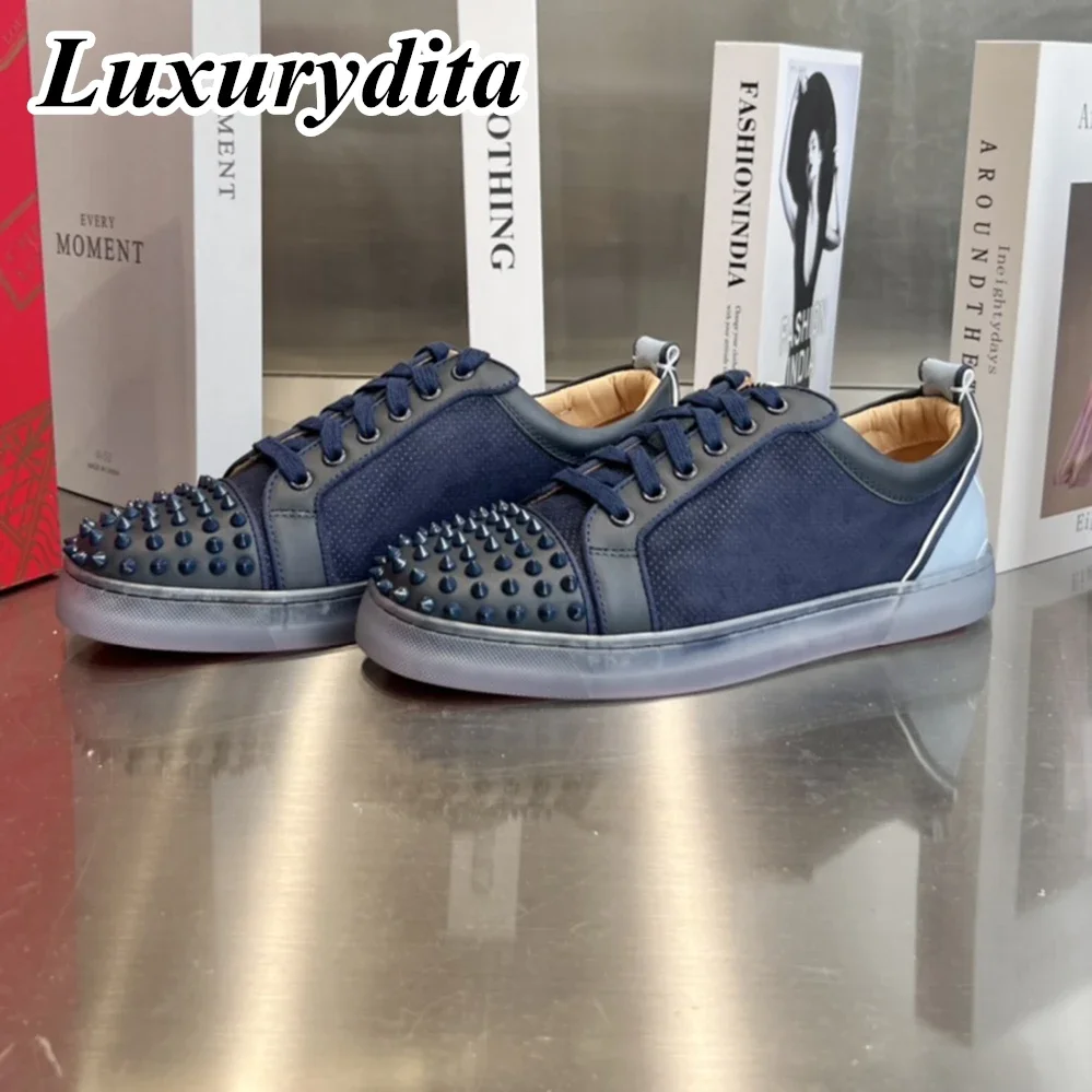LUXURYDITA Designer Men Casual Sneakers Real Leather Rivet Luxury Womens Tennis Shoes 35-47 Fashion Unisex loafers HJ814