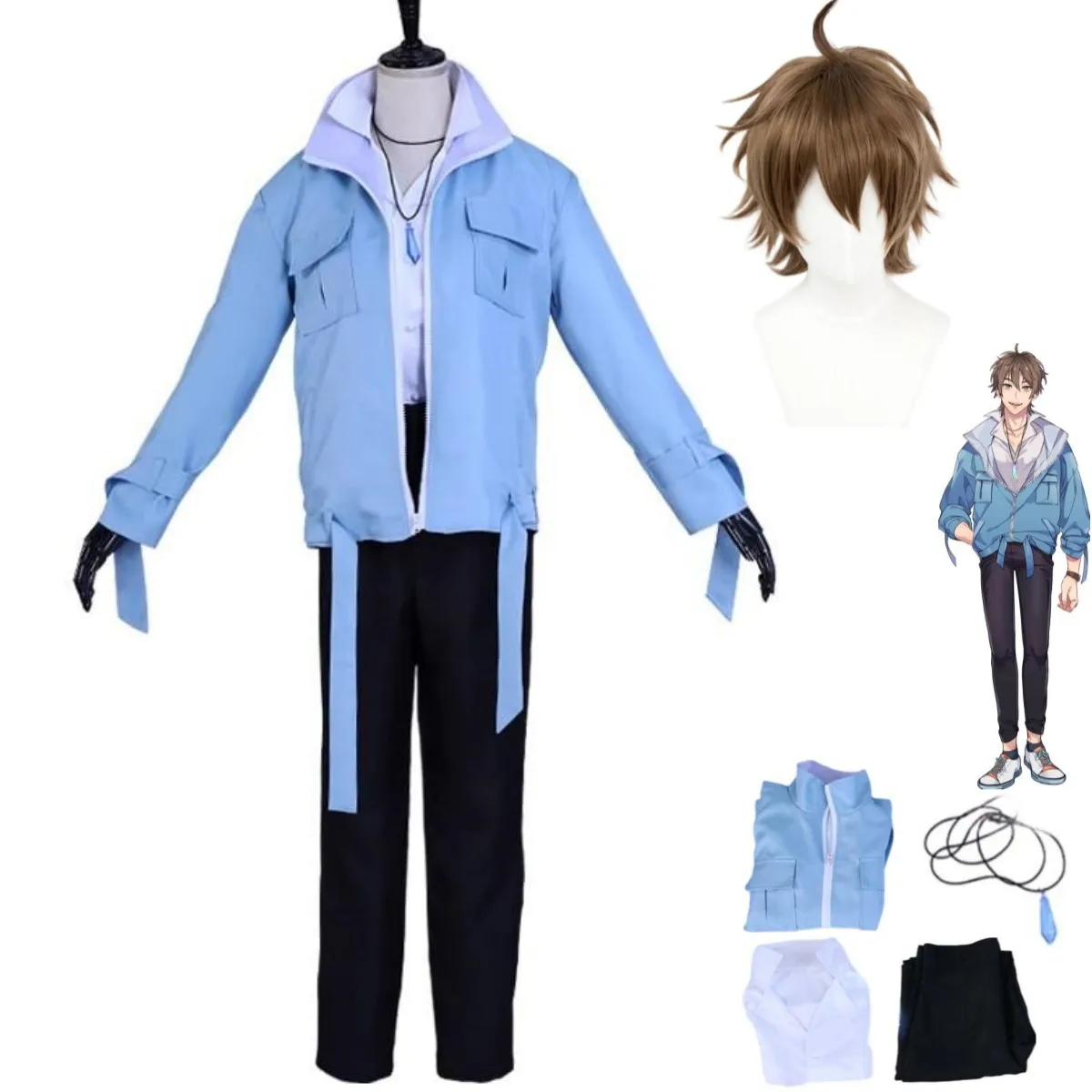 

Anime Game Nu: Carnival Eiden Cosplay Costume Wig Daily Blue Coat Uniform Shoes Adult Man Woman Leisure Halloween Suit