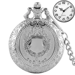 Royal Gold Shield Crown Pattern Quartz Pocket Watch Necklace - Luxury Steampunk Pendant Collectible Jewelry Gift (Silver 30cm Chain)