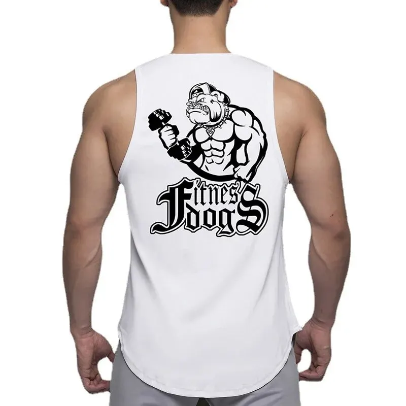 FitnessDogPrintSportsTankTopCottonMenSummerFitnessRoundNeckHighElasticBase