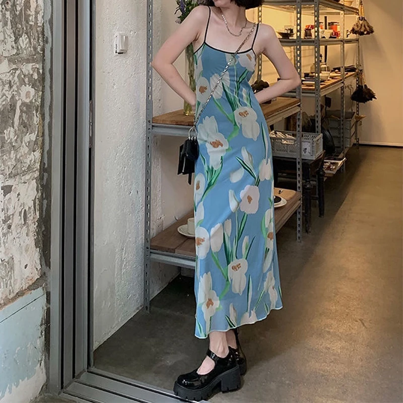 

Summer Womens Fashion Square Neck Sexy Sling Dress Fashion Floral Print Korean Tight Light Blue Dress Latest Arrival Clubwea