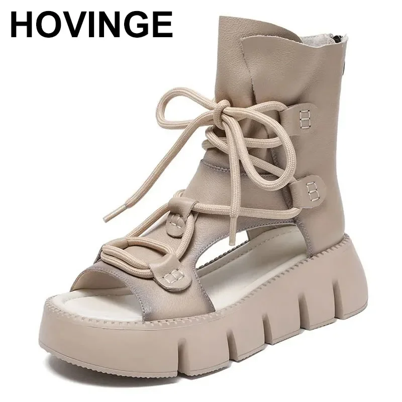 

5.5cm Ankle Motorcycle Boots Hollow Lady Moccasins Fashion Women Genuine Leather Breathable Peep Toe Summer Sandals Shoes