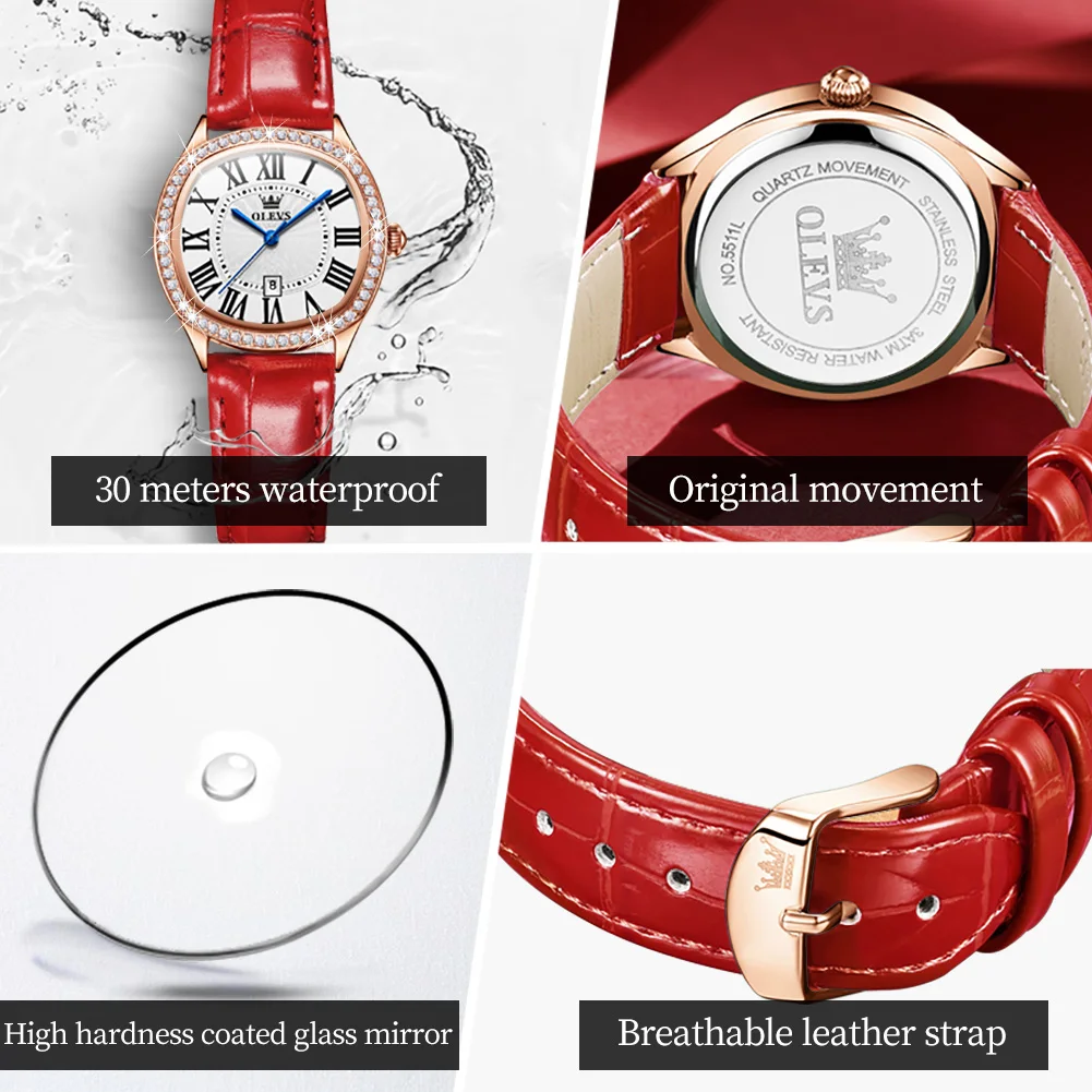 OLEVS Brand New Luxury Rhinestones Quartz Watch for Women Fashion Red Leather Waterproof Classic Womens Watches Montre Femme