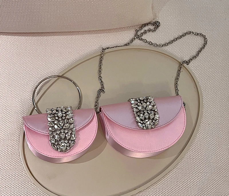 Women Glittering Crystal Satin Handbags Designer Luxury Diamond Pink Evening Diamonds Ring Clutch Purses Wedding Party Trendy - Image 4