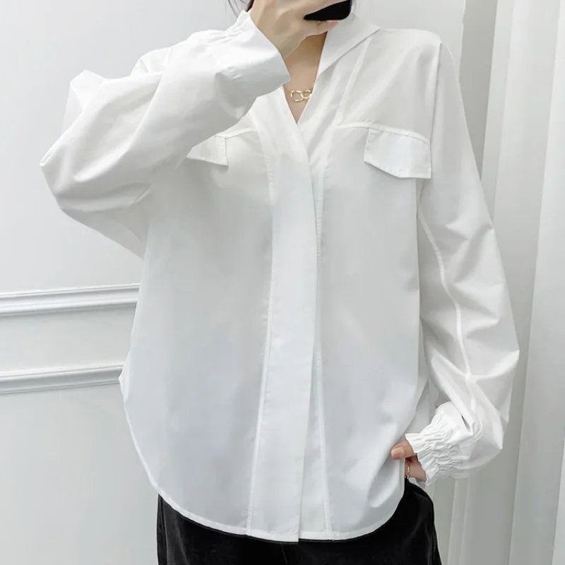 

Elegant Fashion White Long Sleeve Blouse Office Lady Autumn Casual V-neck Cotton Shirt Women Loose Tops Clothes Blusas 29181