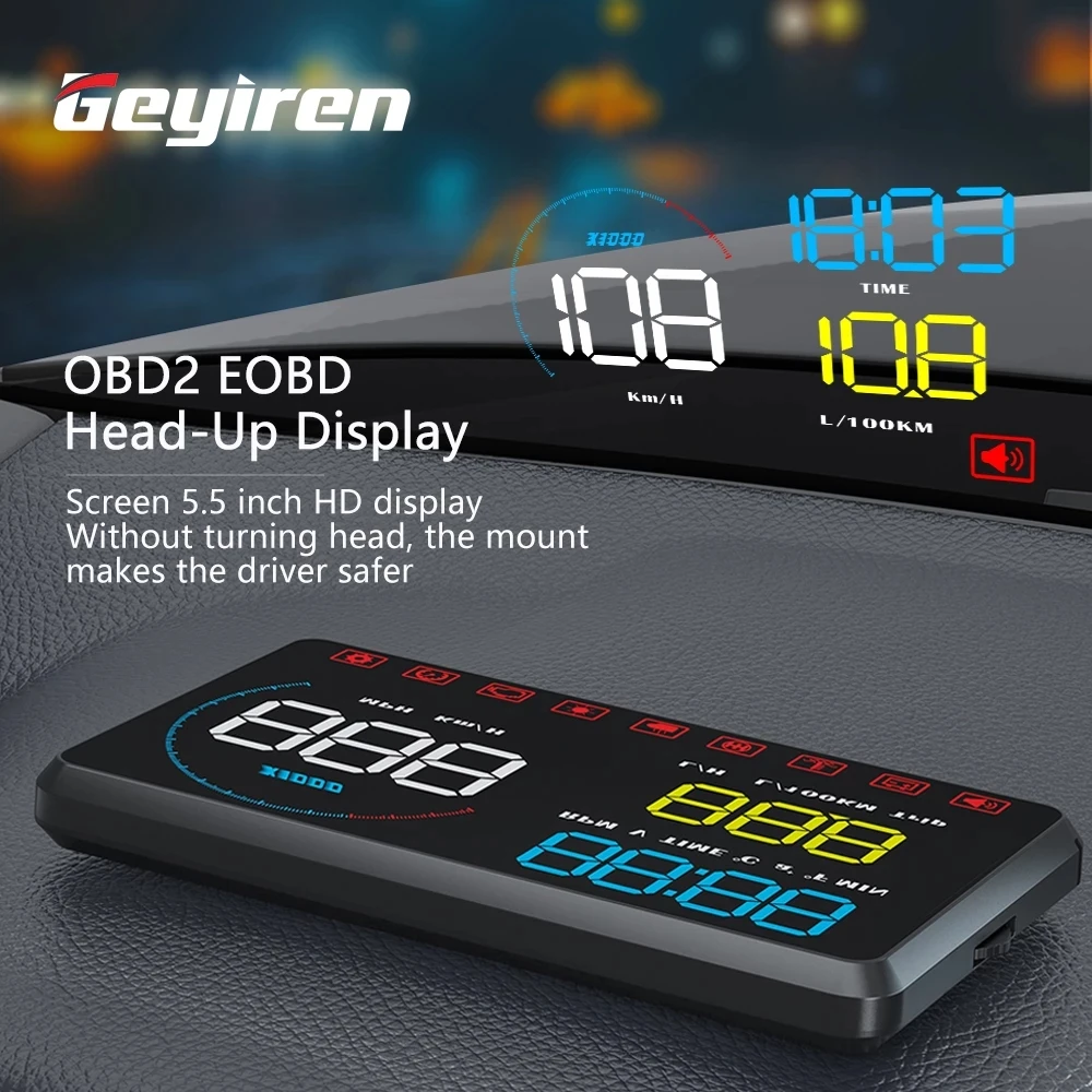 

Geyiren A9 Head Up Display obd2 Display HUD Car Digital Speedometer Windshield Speed Projector Reminder Water Temp KM/H MPH RPM