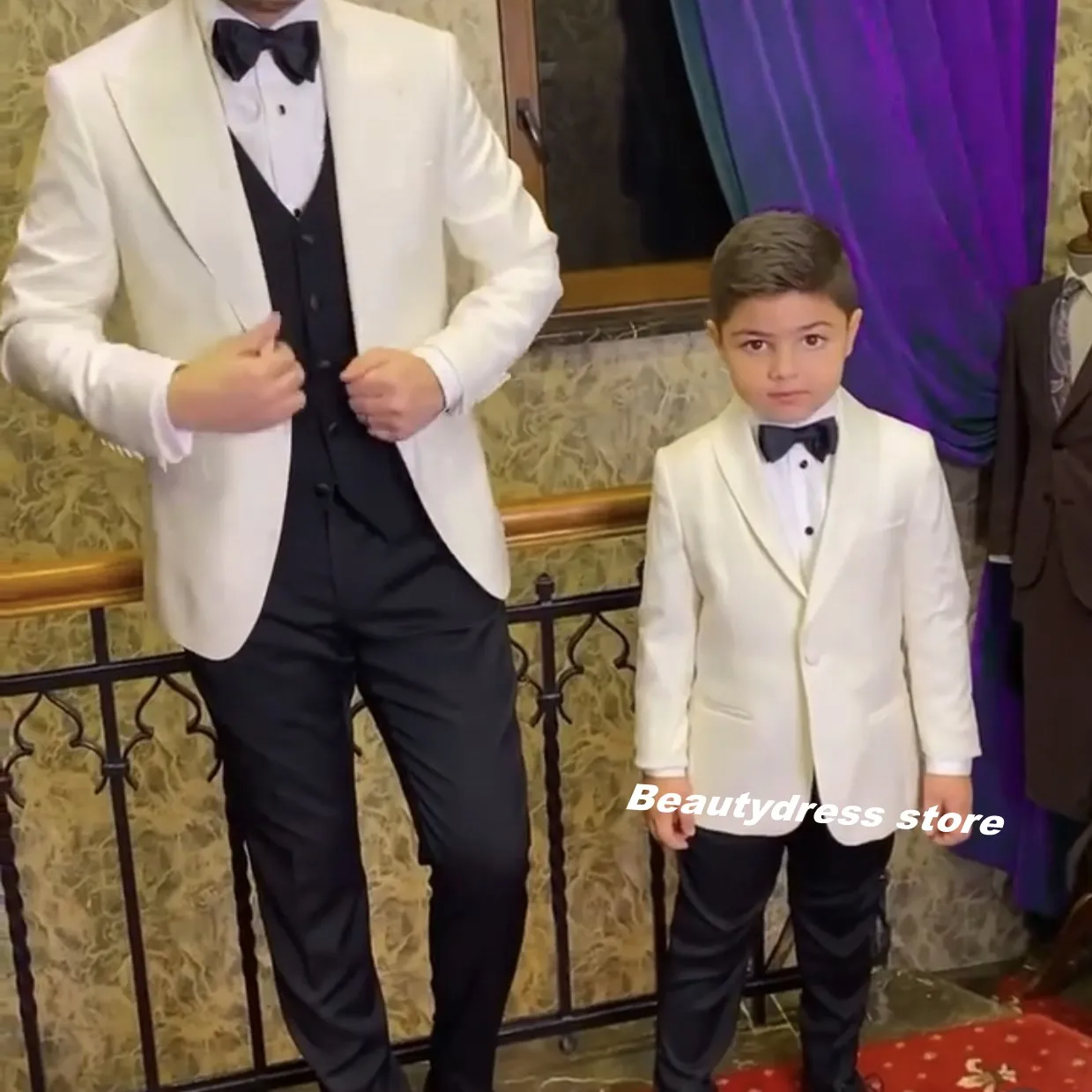 Ivory Boys Formal Suits For Wedding Tuxedos Covered Button Toddler Kids Birthday Party Ring Bearer (Jacket +Pants+Bowtie)